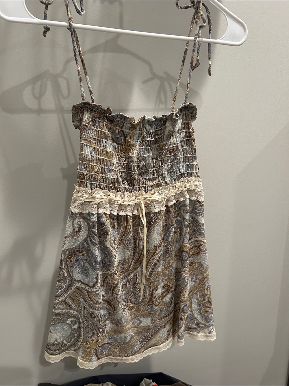 Arden B Paisley Smocked Tie-Shoulder Tank in Cream, Brown, Gray